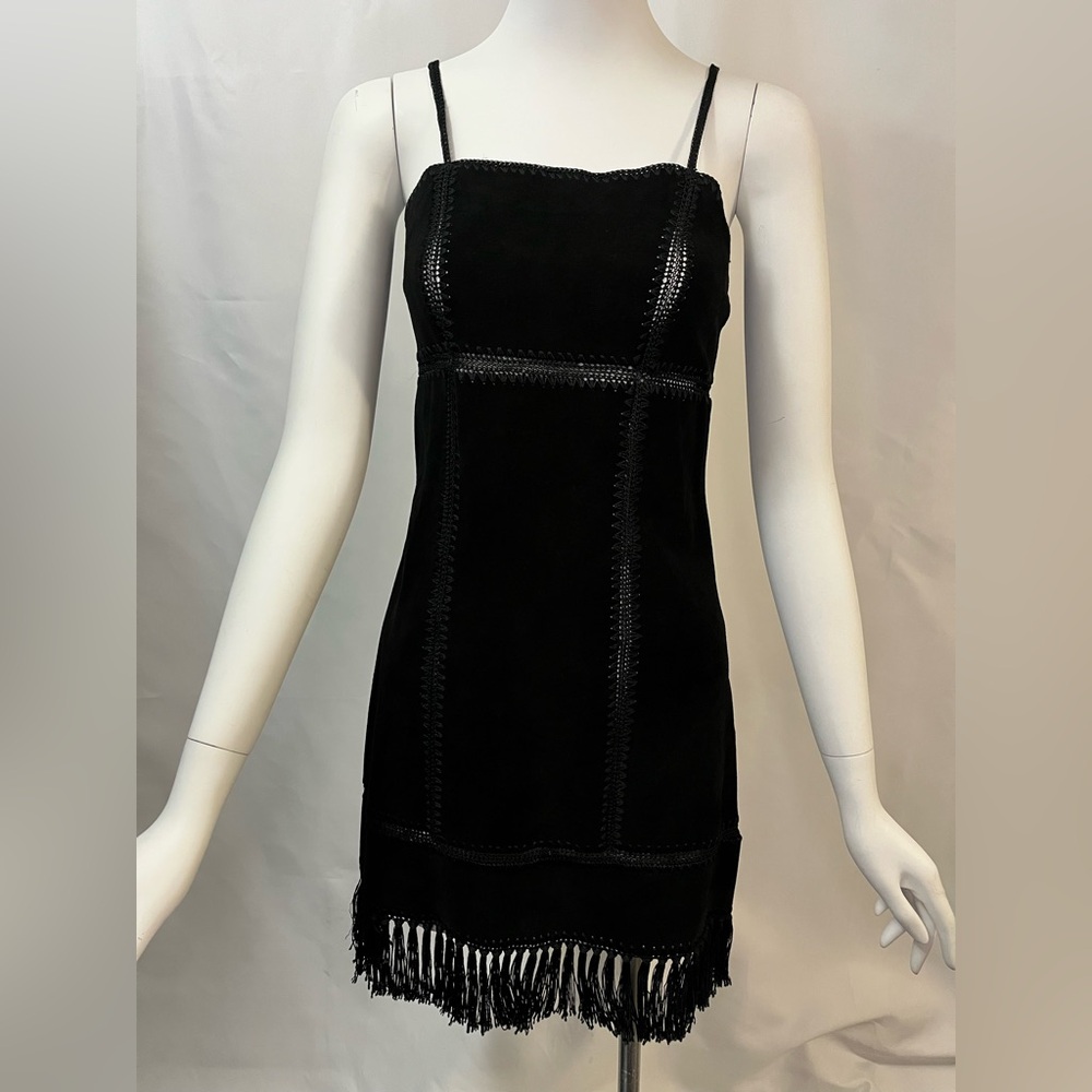 Bebe Black Leather Dress with Fringe Trim